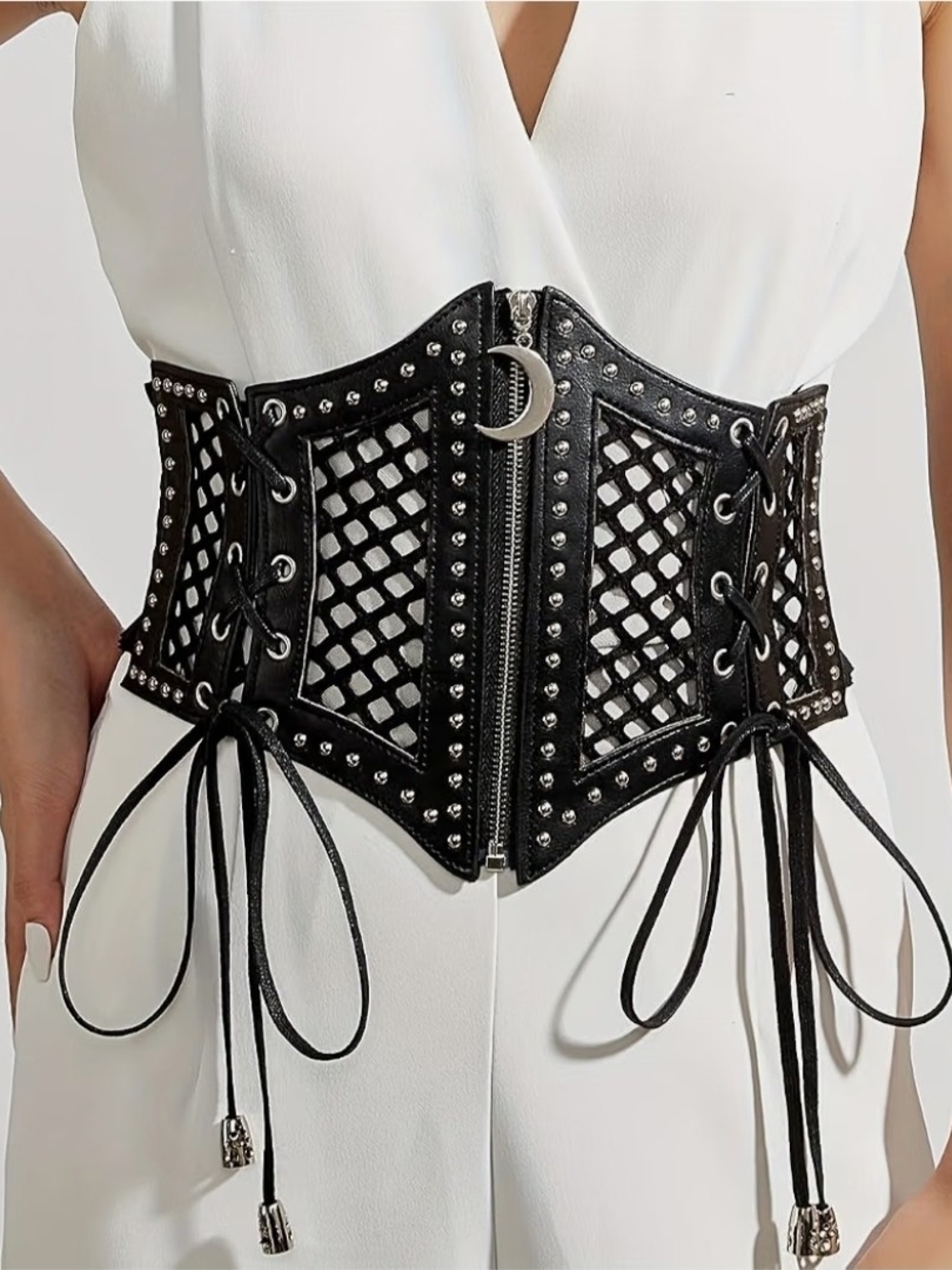 Gothic Women's Elastic Lace Up Waist Y2K Fashion Vintage Moon Mesh Corset Belt